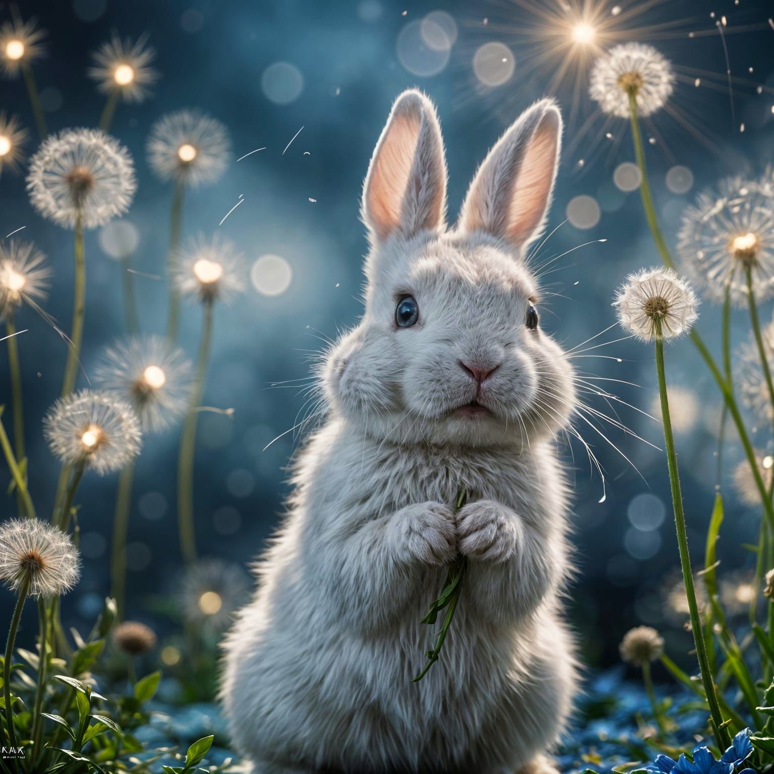 White Rabbit with Dandelion in Ethereal Lighting