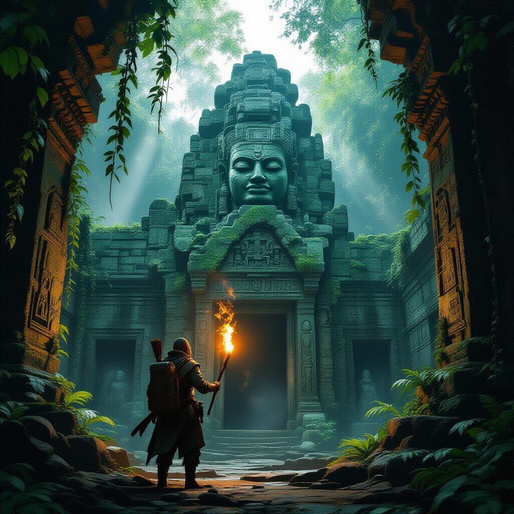 Explorer at Ancient Jungle Temple Entrance