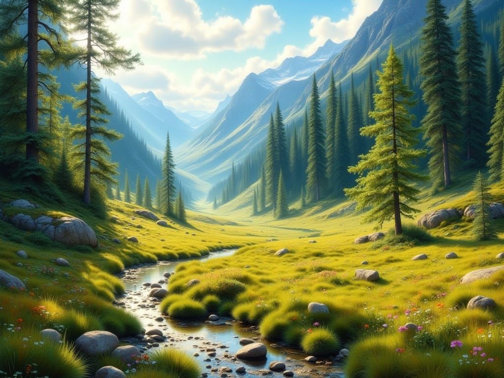 Vibrant Valley Meadow in Hyperrealistic Style