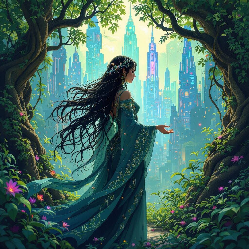 Woman in Cyberpunk Grove: Art Nouveau Style
