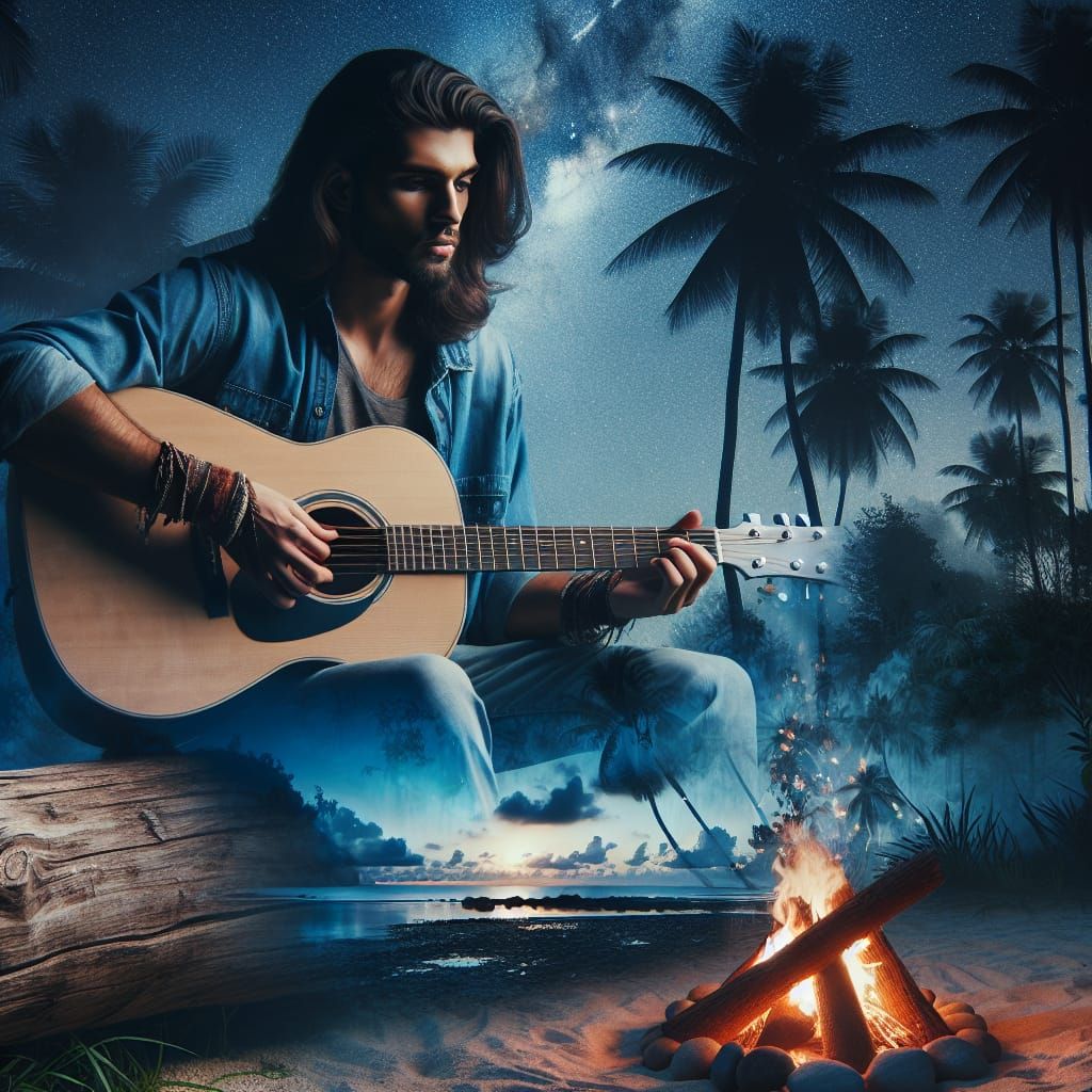 Ethereal Double Exposure: Guitar on Tropical Island