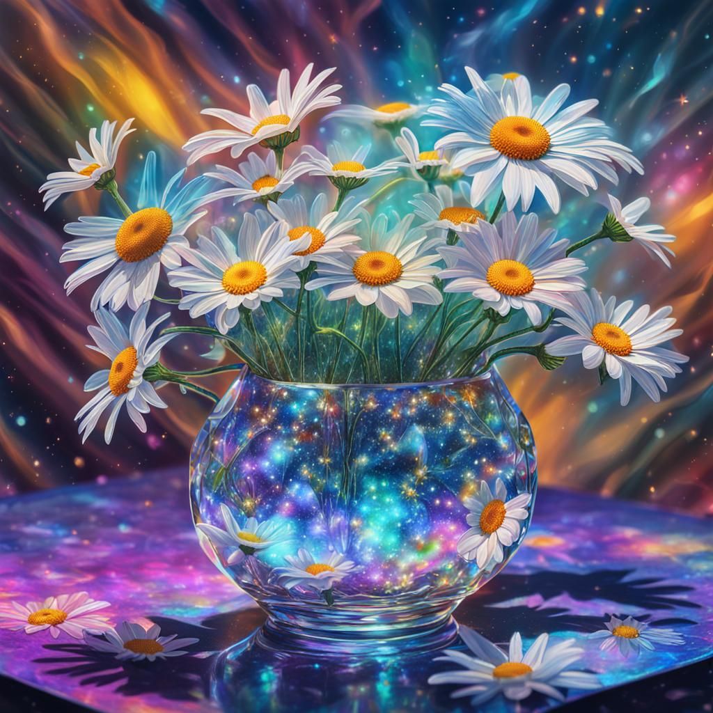 Daisies in Crystal Vase: Holographic Astral Illustration