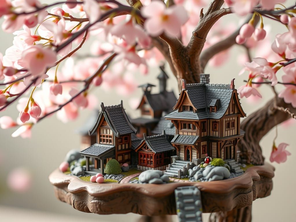 Miniature Japanese Village in Cherry Blossom Bonsai