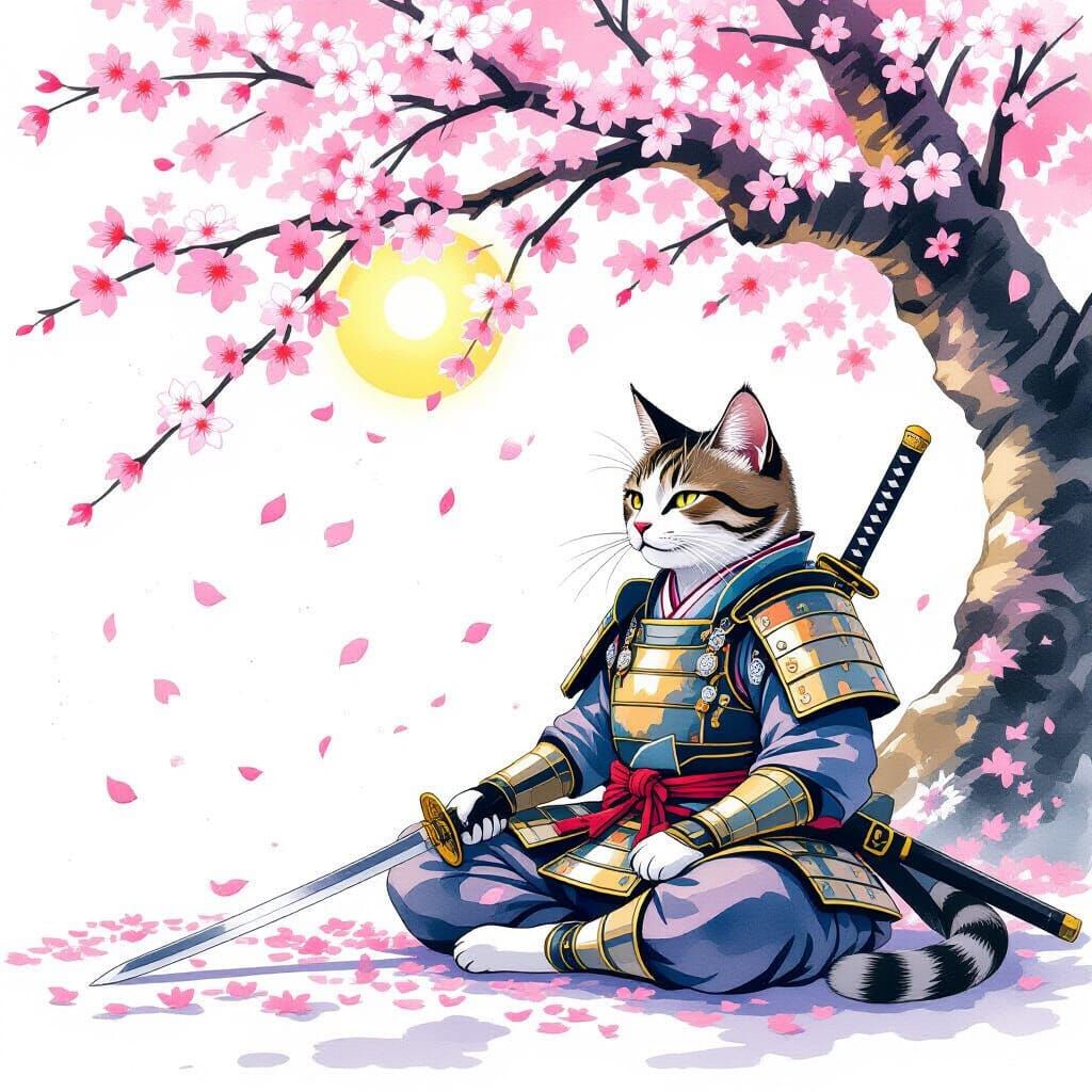 Samurai Cat Meditating Under Cherry Blossoms