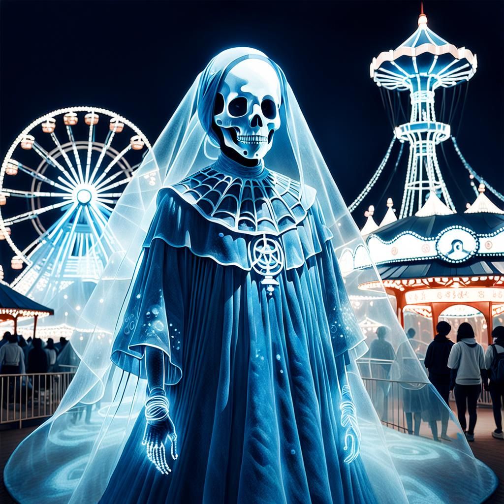 Ethereal Cyanotype Amusement Park with Ghostly Figures