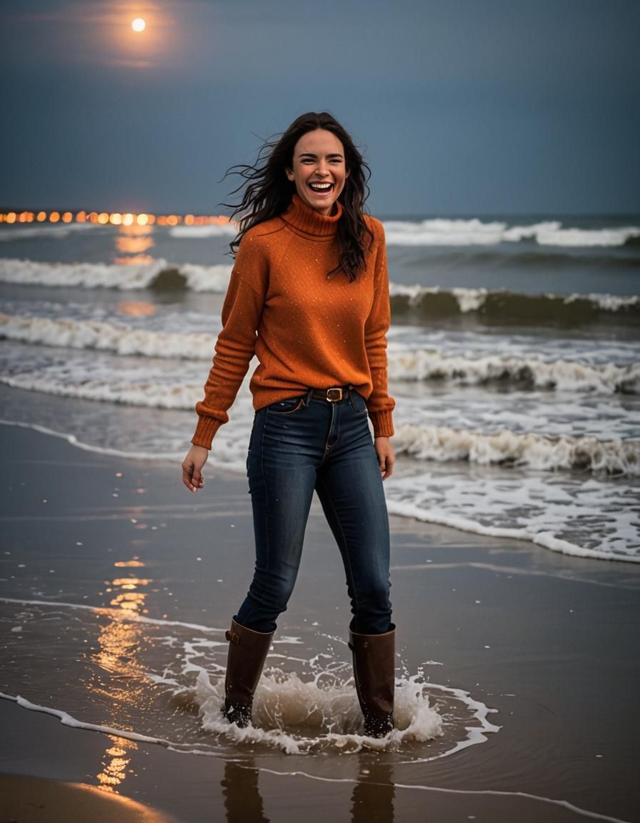 Woman Enjoying Impromptu Swim on Moonlit Beach