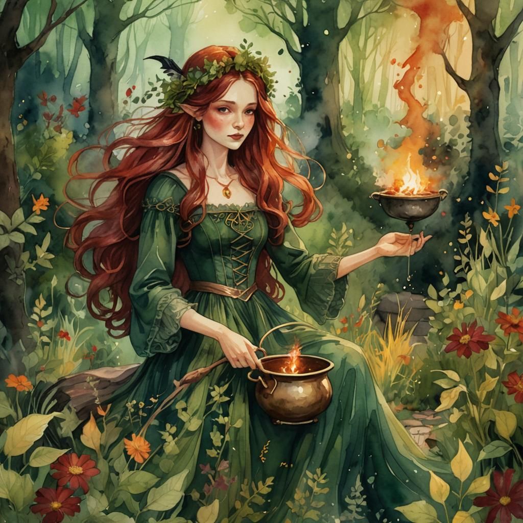 Whimsical Witch in Garden, Watercolor Illustration