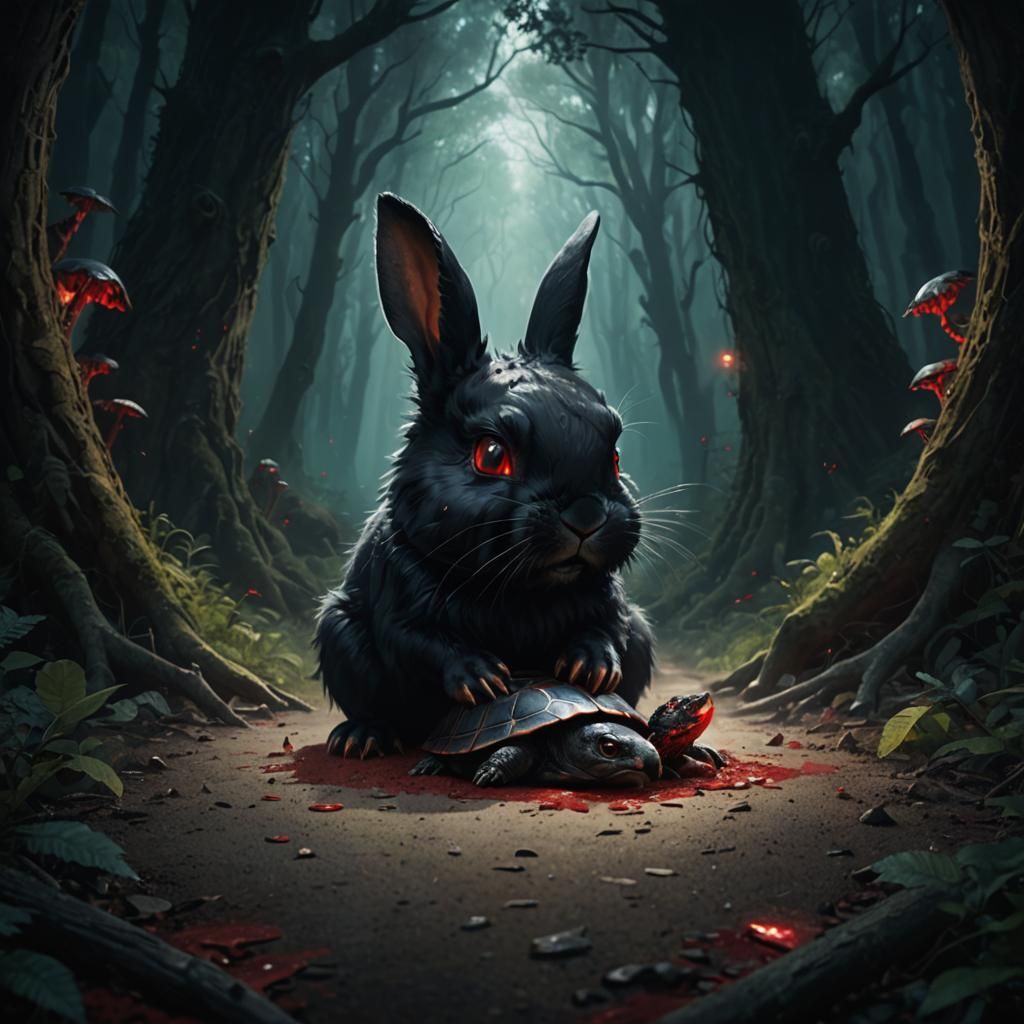 Rabbit Victory: A Dark Surreal Forest Scene