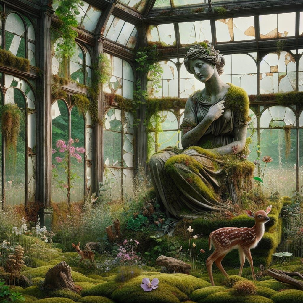 Wood Nymph Statue in Overgrown Greenhouse