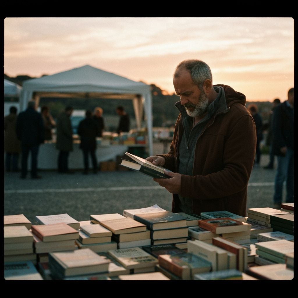 Man Browsing Books at Autumn Festival Sunset