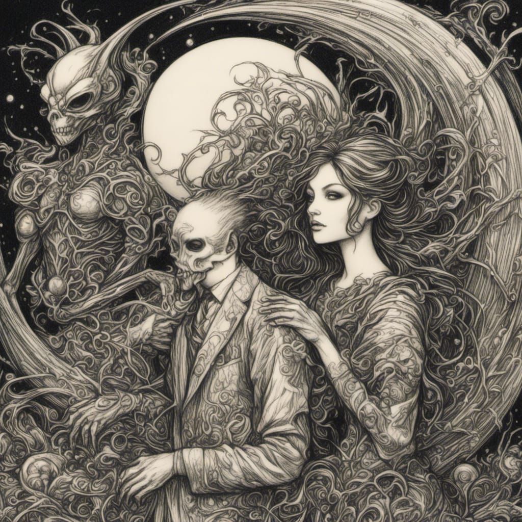 Symbiotic Union of Woman and Alien in Chroma Pencils