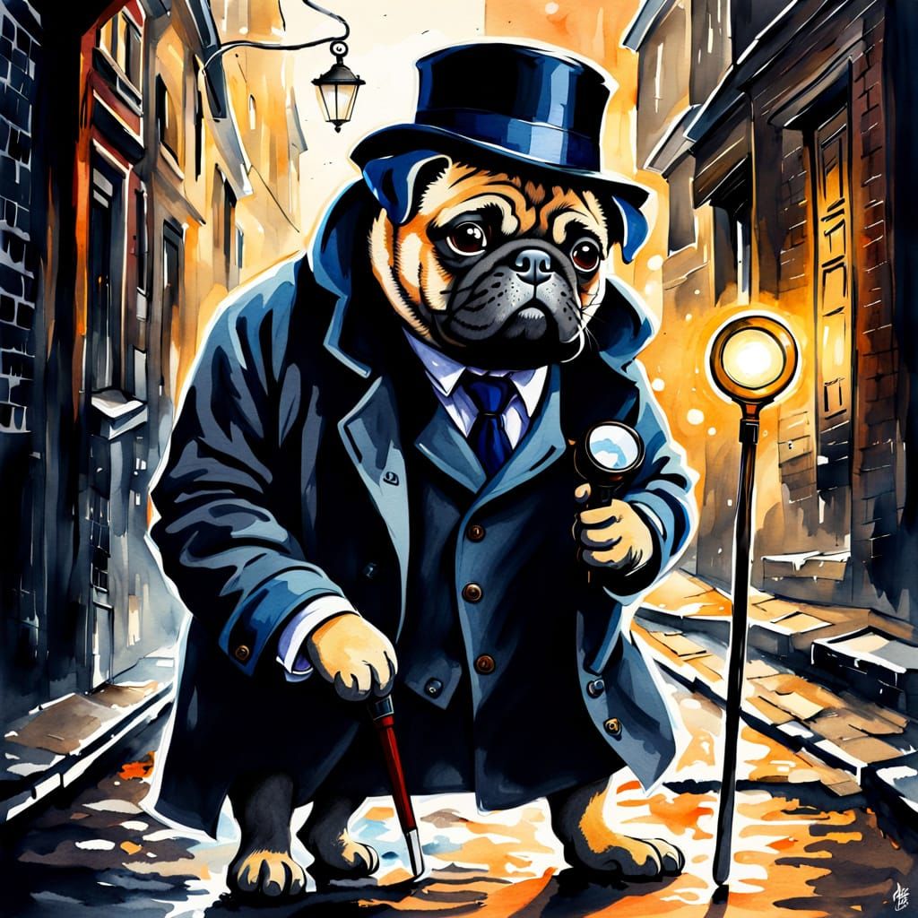 Sleuthing Pug in Smoky Alleyway, Baroque Watercolor