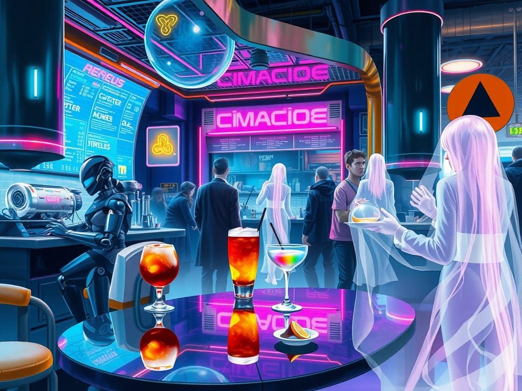 Cyberpunk Cafe with Androids and Ghosts in Neon Glow