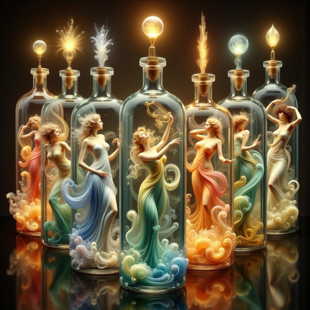 Muses Trapped in Art Nouveau Glass Bottles