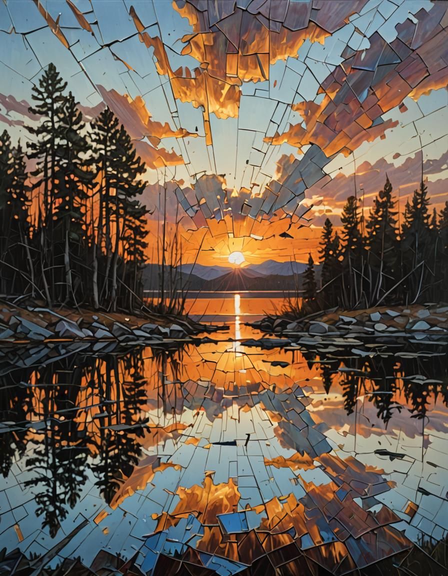 Sunset at the lake as reflected through shattered mirror gla...