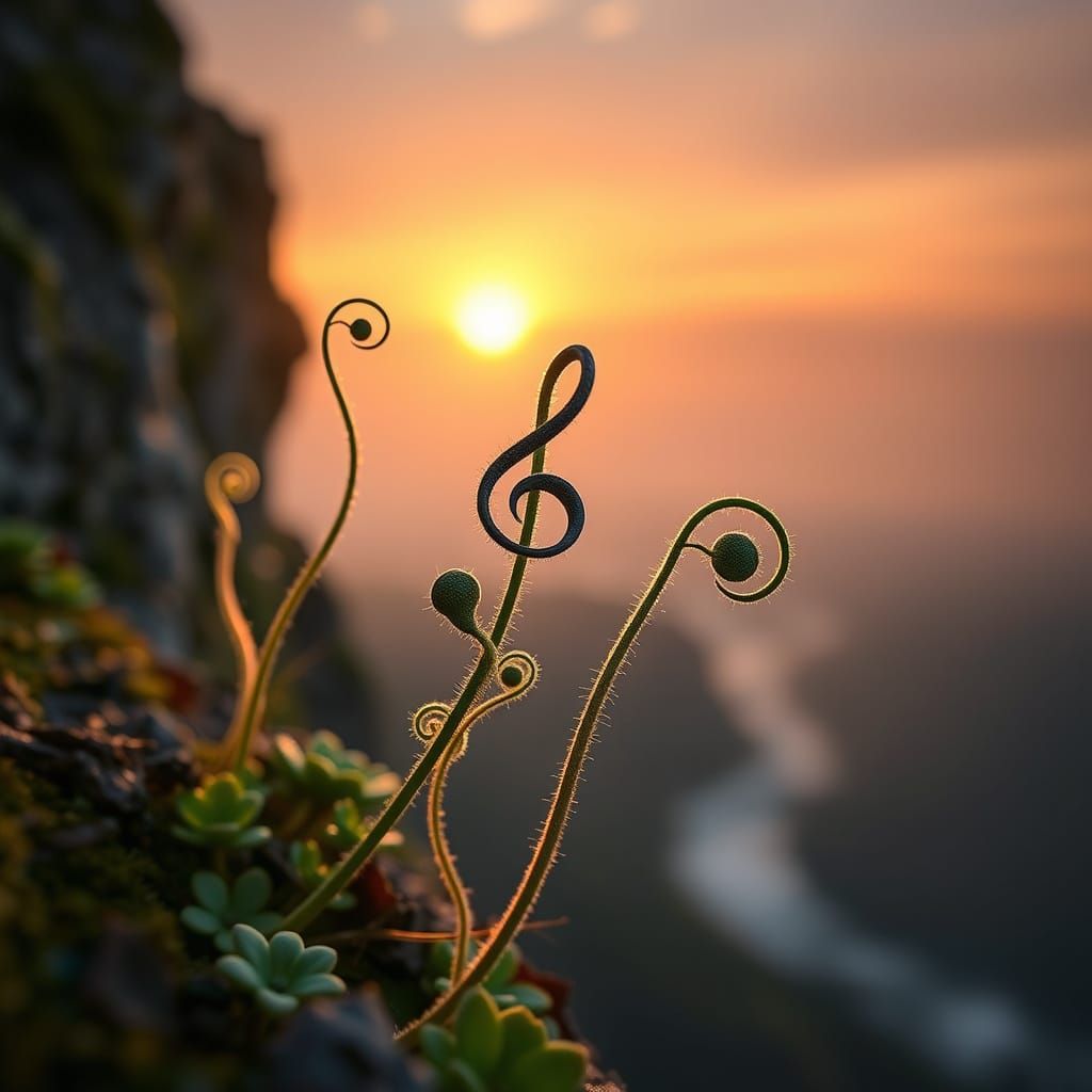 Photorealistic Treble Clefs Bloom at Sunset