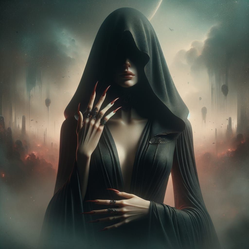 Retro Sci-Fi Woman in Black Dress with Hooded Mystery