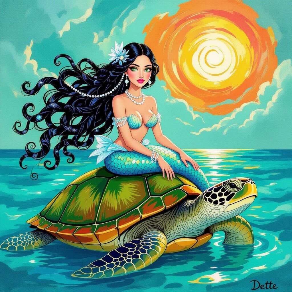 Mermaid on Sea Turtle in Vibrant Digital Art