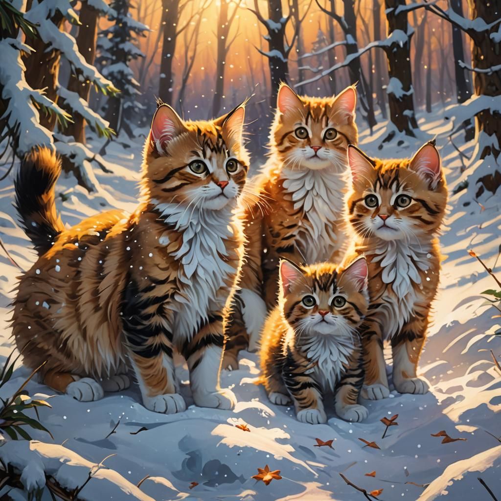 Kittens Explore Winter Forest in Oil Painting Style