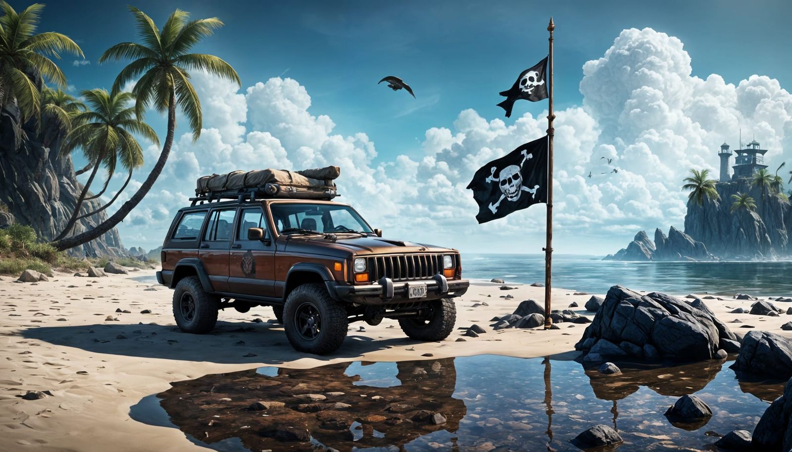 Jeep Cherokee XJ on Beach with Pirate Flag