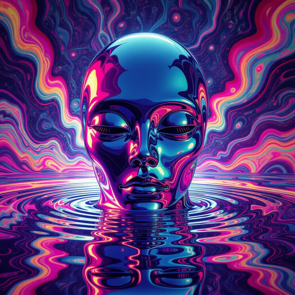 Melting Chrome Alien Face with Psychedelic Colors
