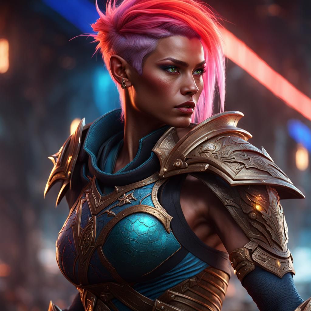Muscular Elf Woman Fighter with Neon Hair