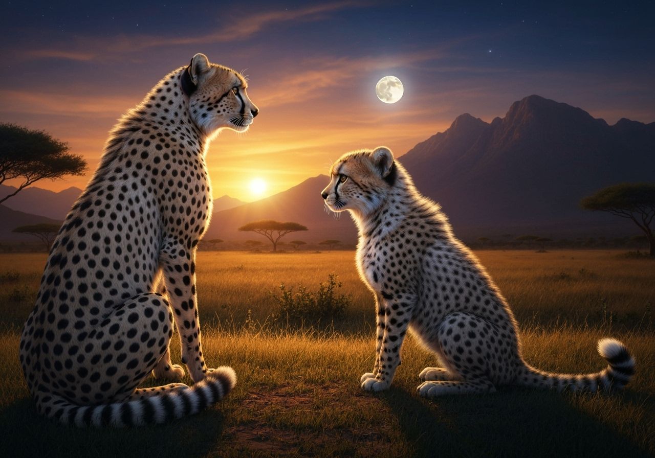 Photorealistic Cheetah and Cub at Moonrise