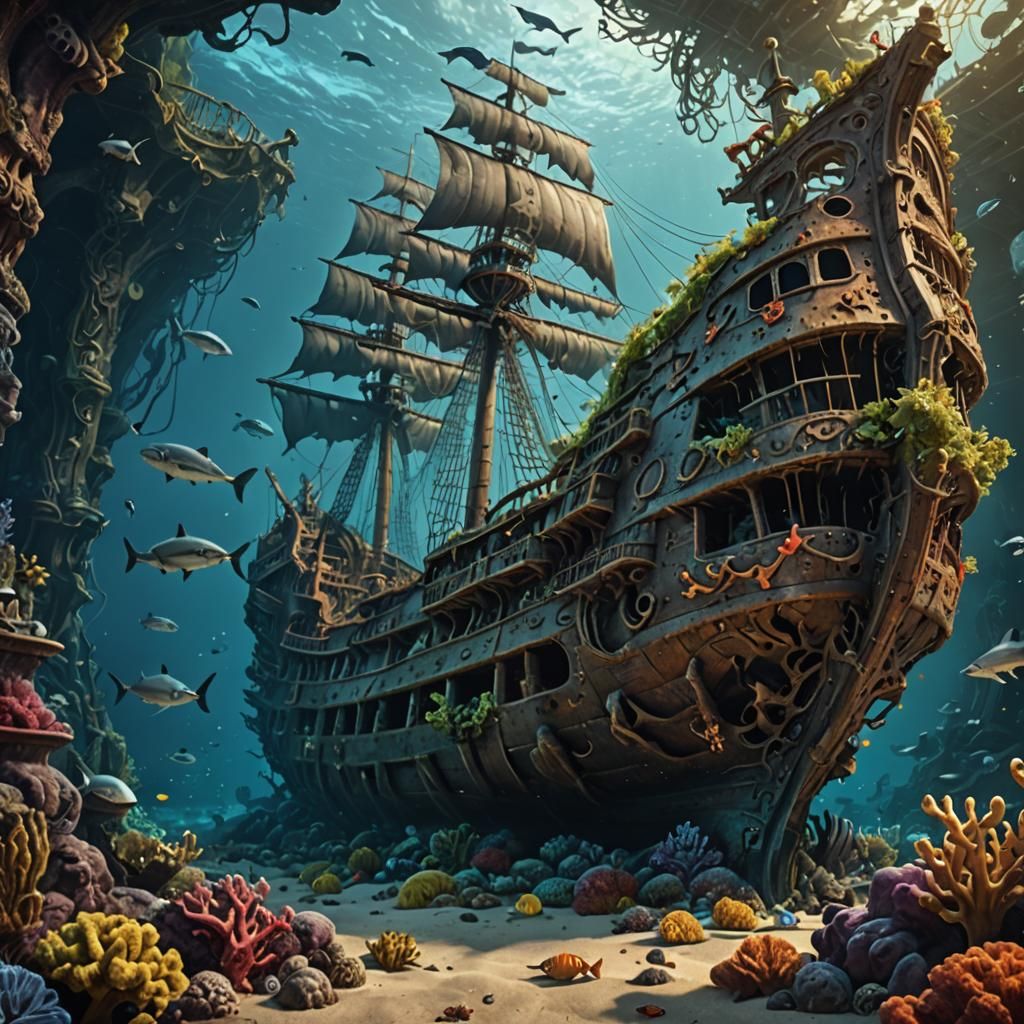 Sunken Pirate Ship with Coral Reef, Digital Art