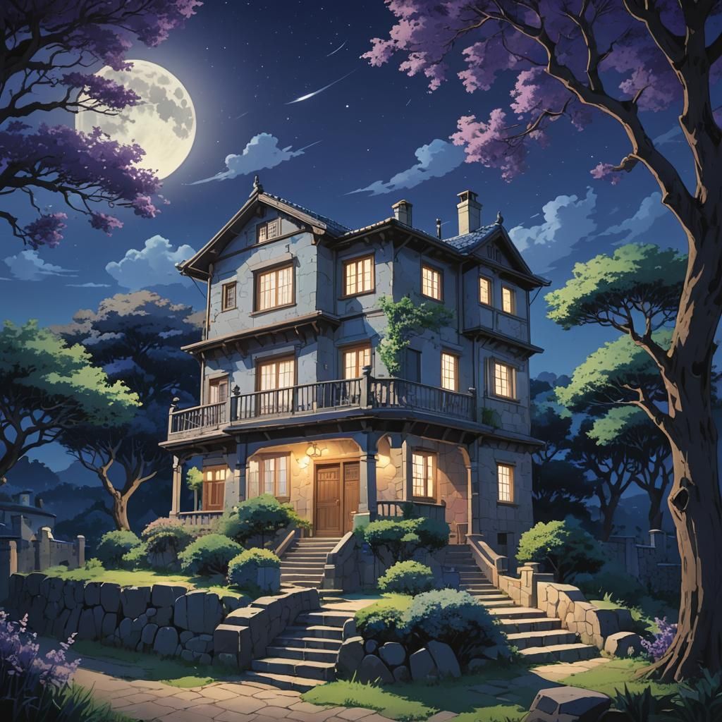 Serene Anime House in Moonlight, Ghibli Style