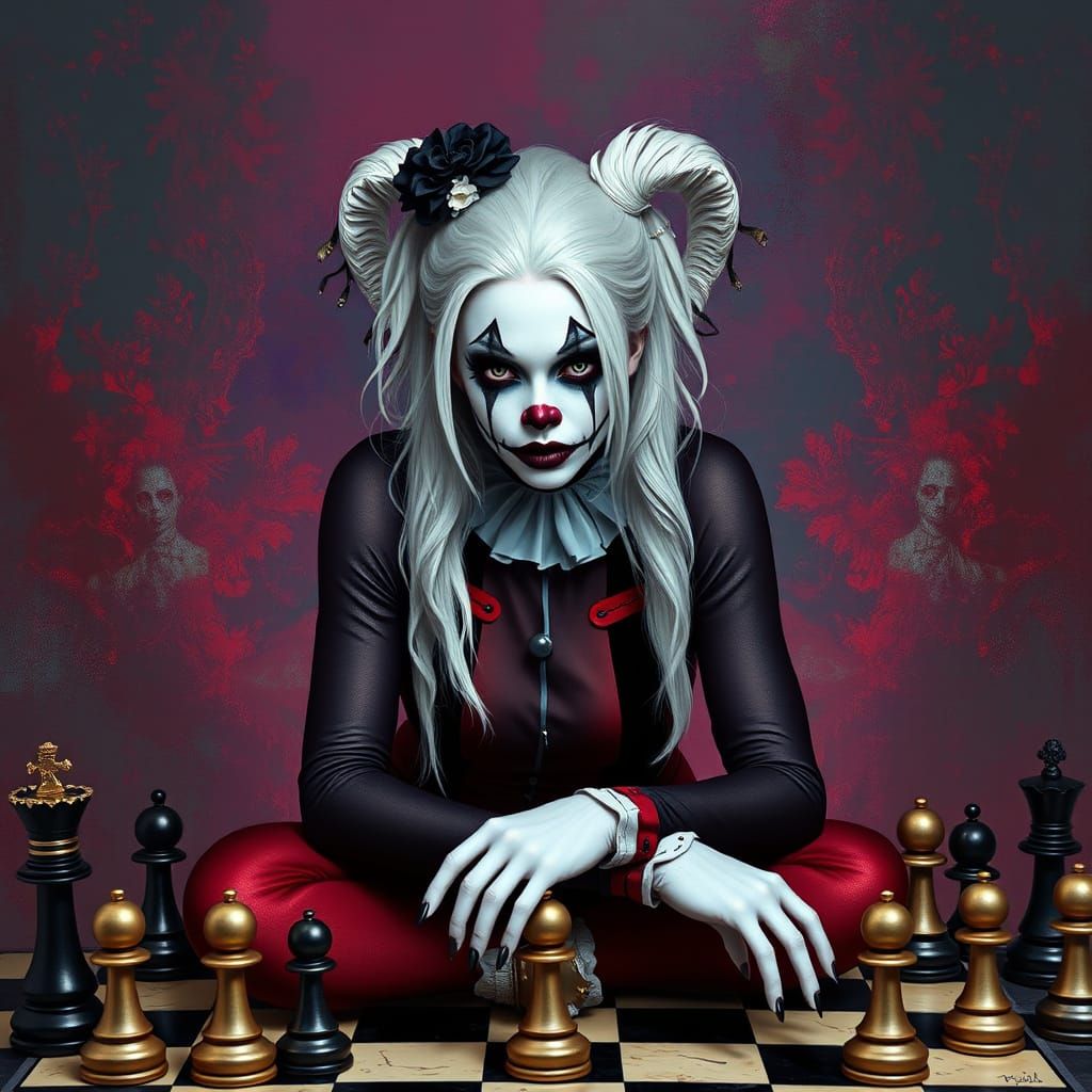 A woman sitting on a chessboard,