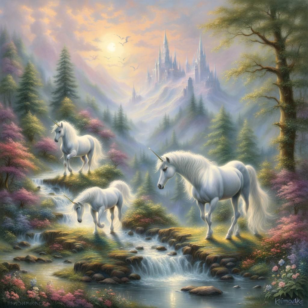Ethereal Unicorns in a Misty Fantasy Landscape