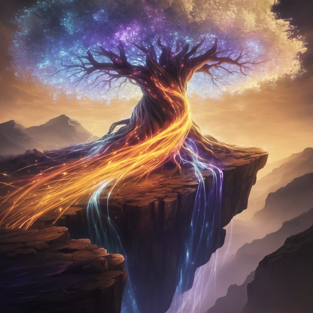 Majestic Celestial Tree Rises from Cliffside in Dreamlike Be...