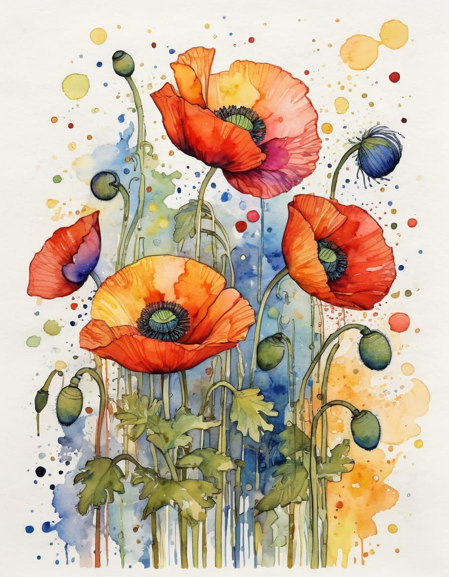 Rainbow Poppy in Klimt Style