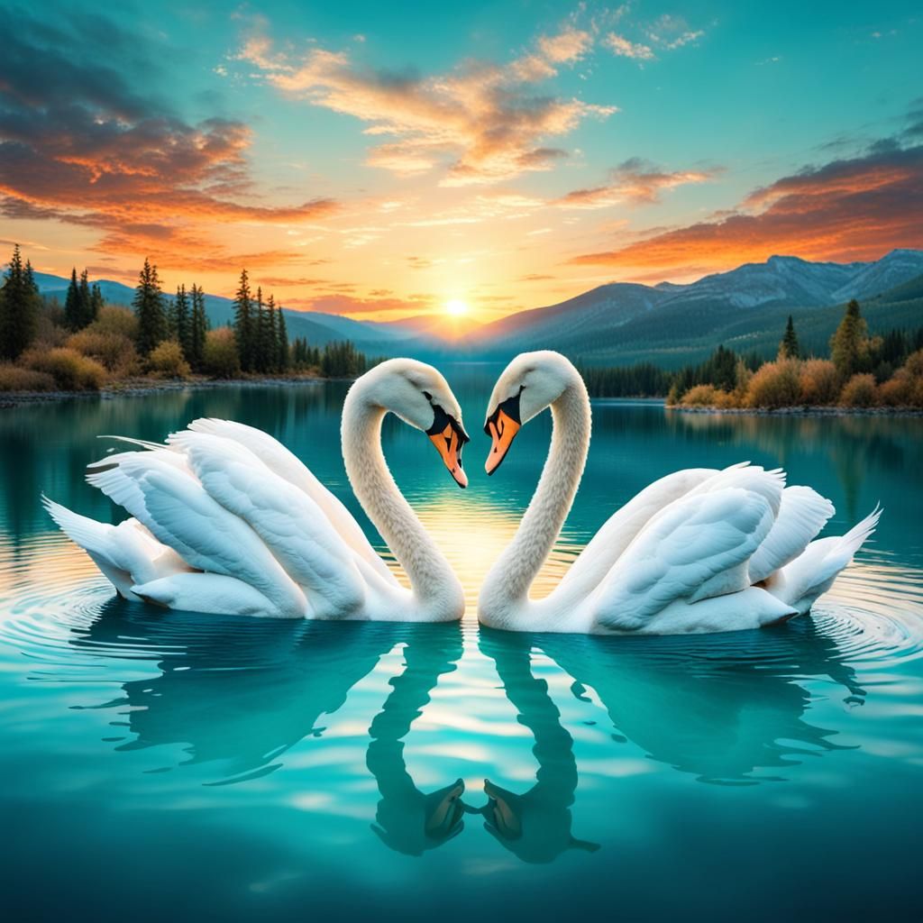 White Swans Form Heart at Sunset