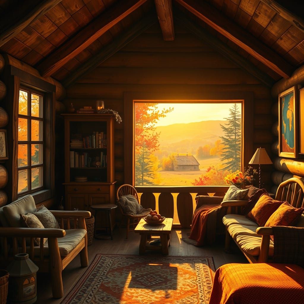 Autumn Scene in a Serene Wooden Cabin
