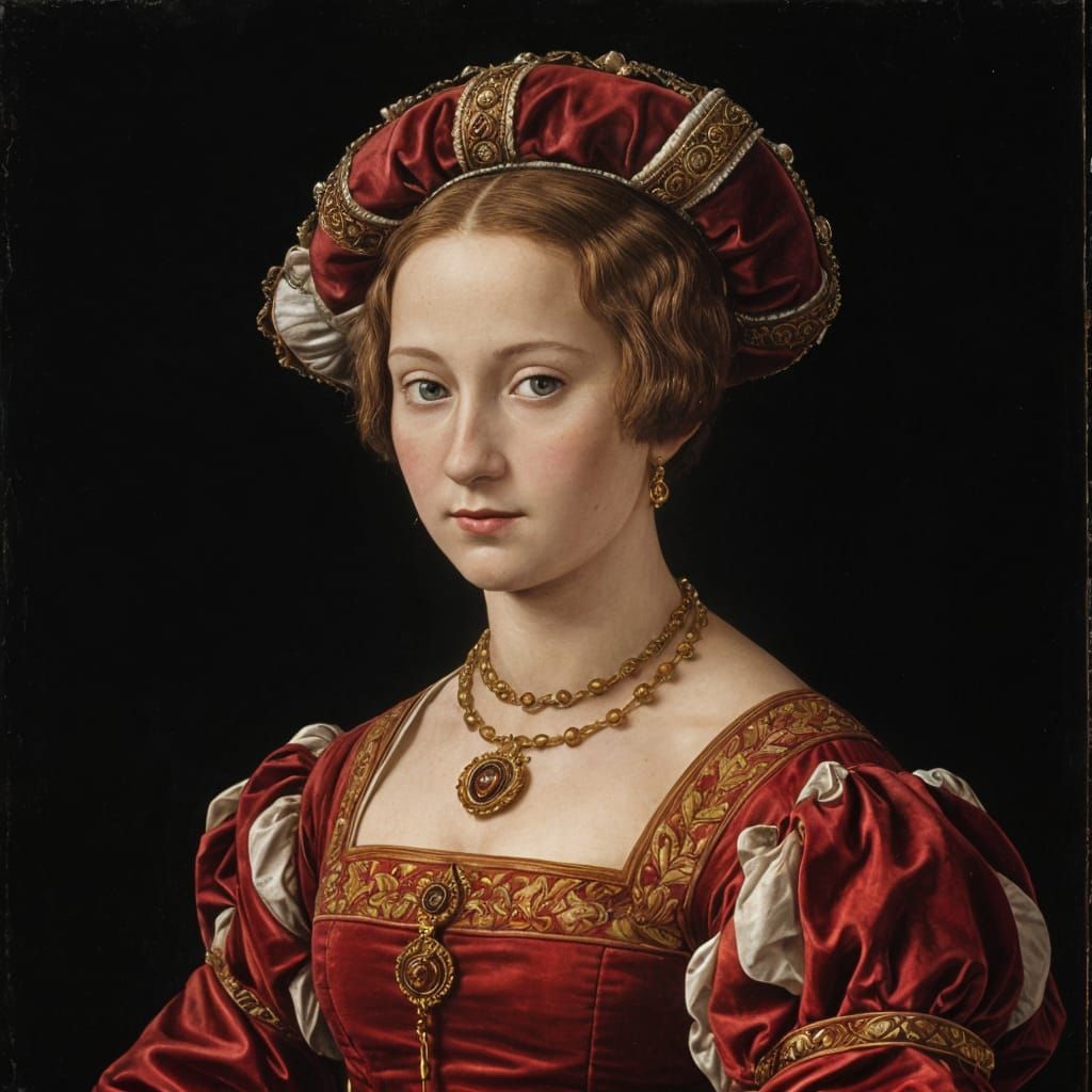 Holbein-Style Portrait of a Tudor Lady in Crimson Velvet
