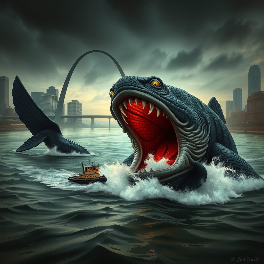 Gargantuan Catfish Devours Tug Boat near Gateway Arch