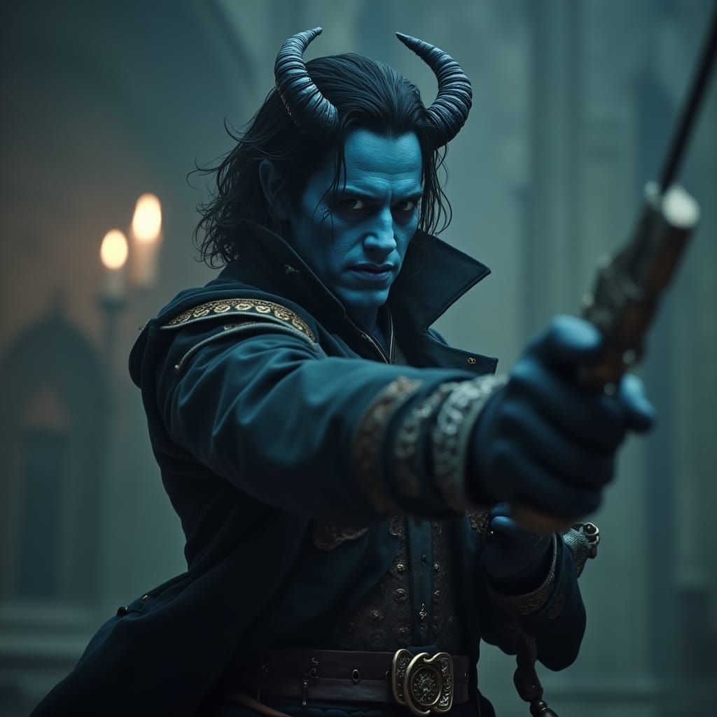 Tiefling Bard with Rapier and Drak Horns in Film Still