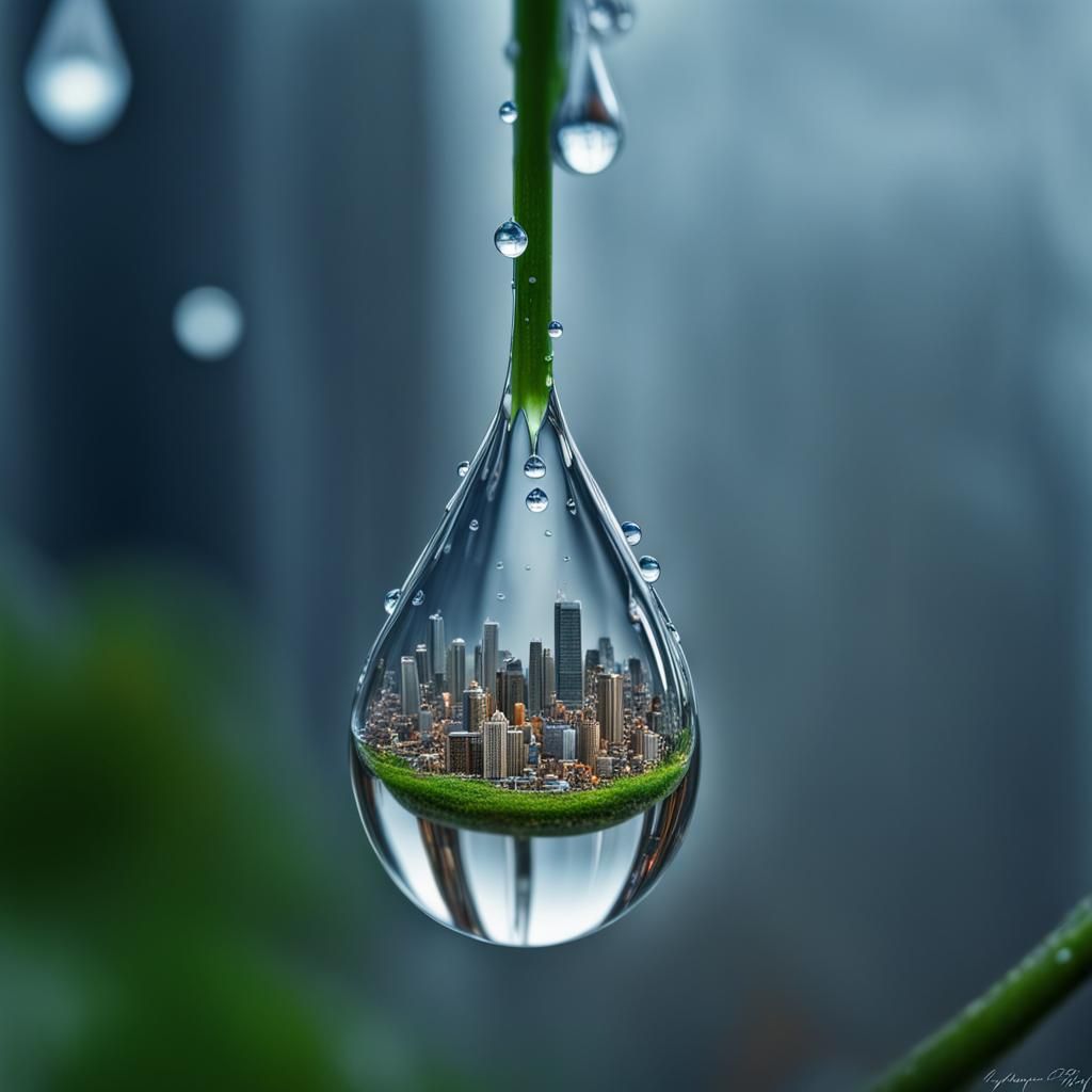 Tiny City in a Raindrop: Hyperrealistic Fantasy