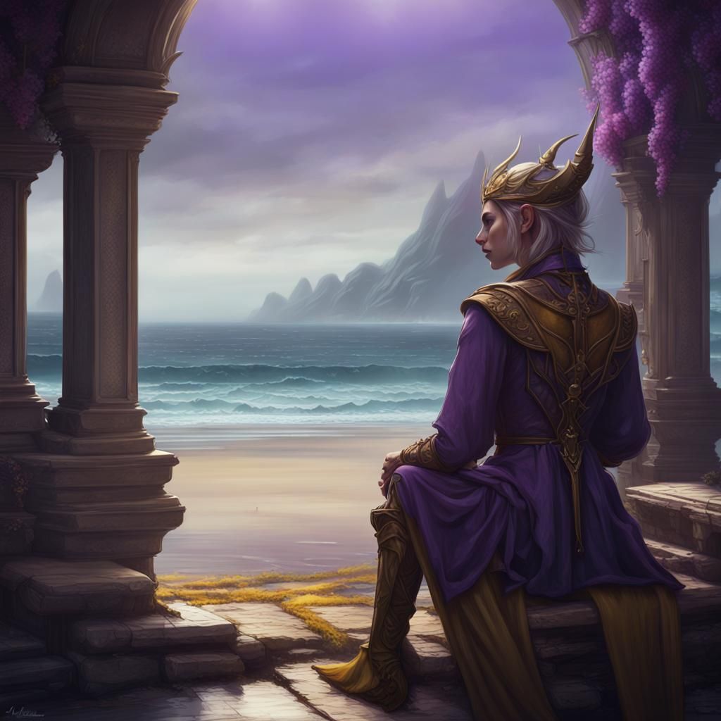Elf Contemplates Ocean: Dark Fantasy Concept Art