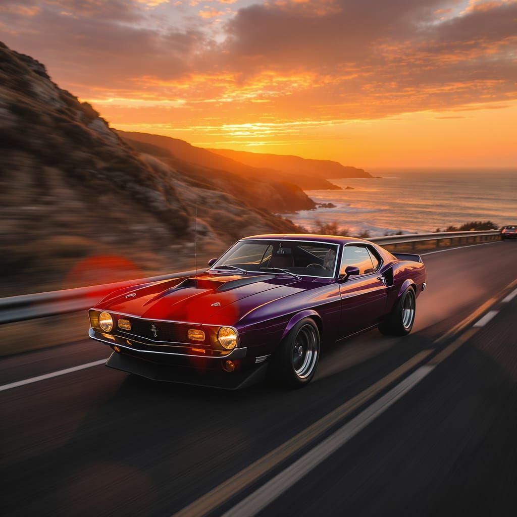Purple 1969 Mustang GT500 on Coastal Highway