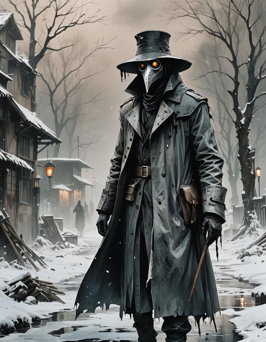 Mystic Plague Doctor in Apocalyptic Winter Landscape