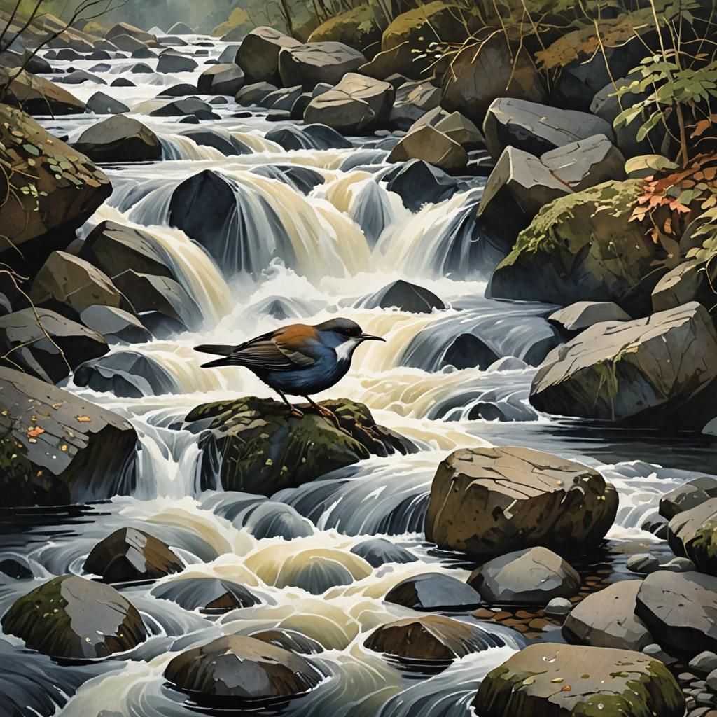 Dipper on Stone in Raging Torrent, Watercolor Style