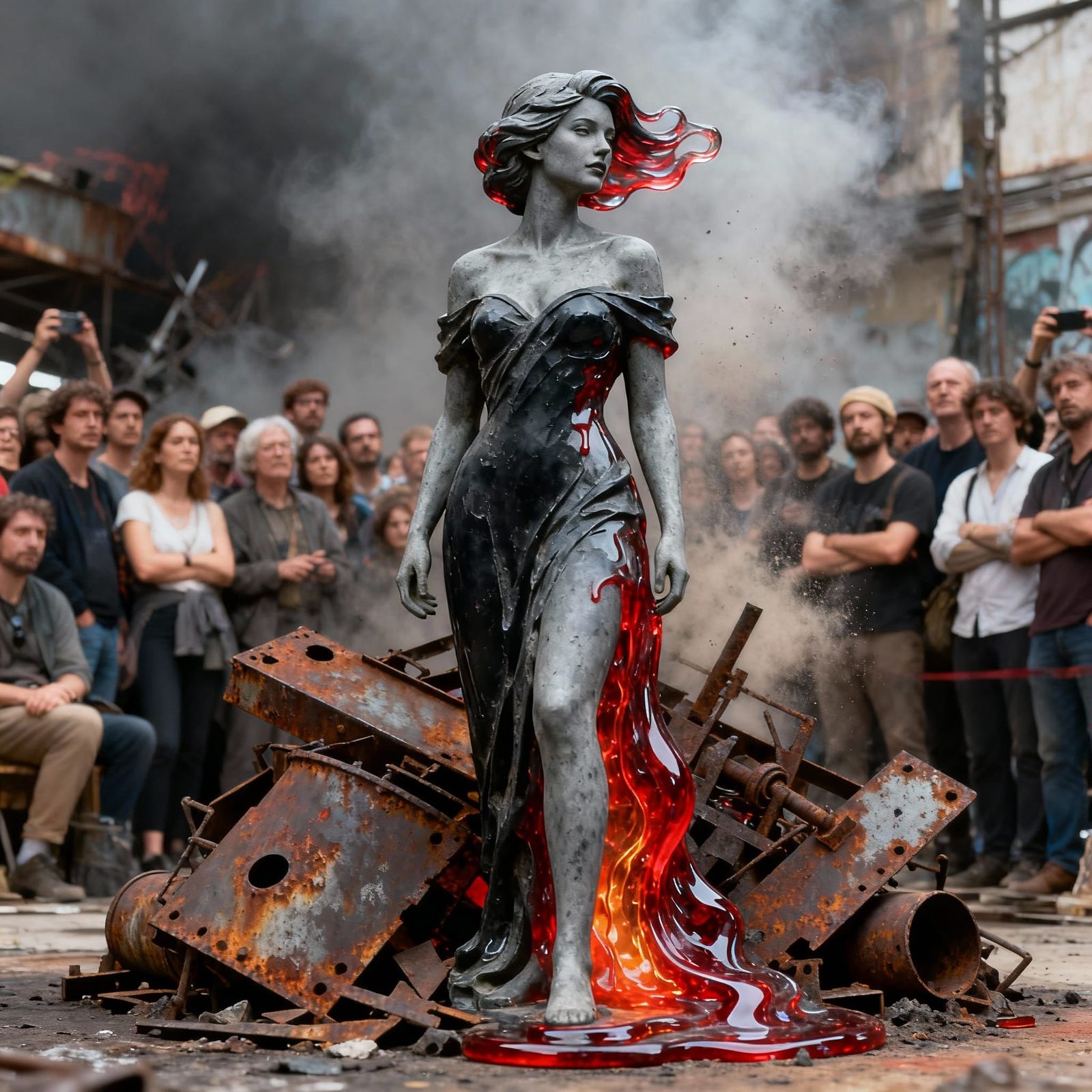 Woman Sculpted from Rusted Metal and Molten Glass