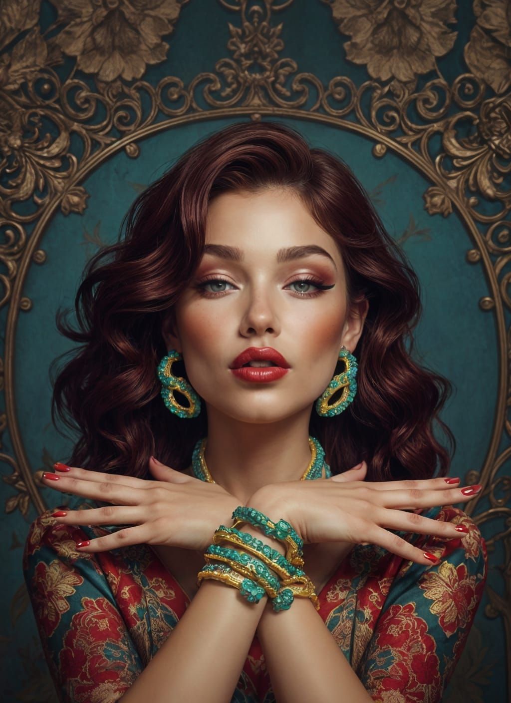 Beautiful Woman Blowing Kiss in Deep Red Hues