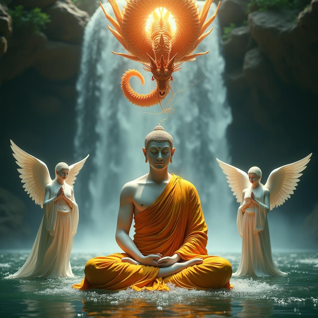 Buddha Under Waterfall with Angels and Dragon