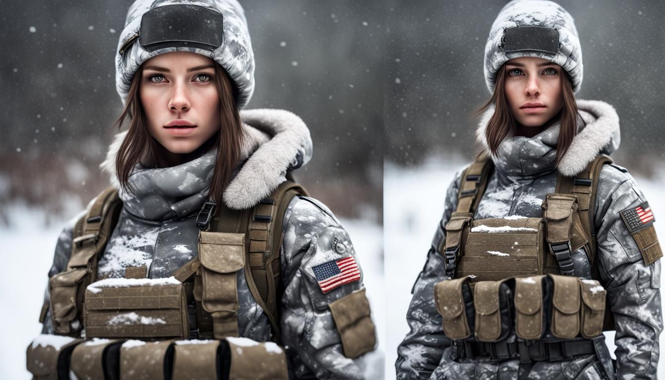 Muscular Soldier Girl in Snowstorm: Photorealistic Portrait
