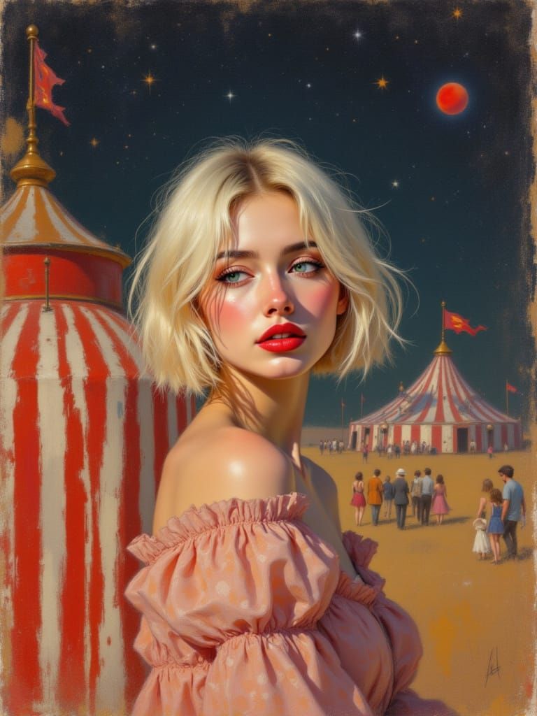 Woman in Striped Outfit Gazes Confidently Under Cosmic Sky