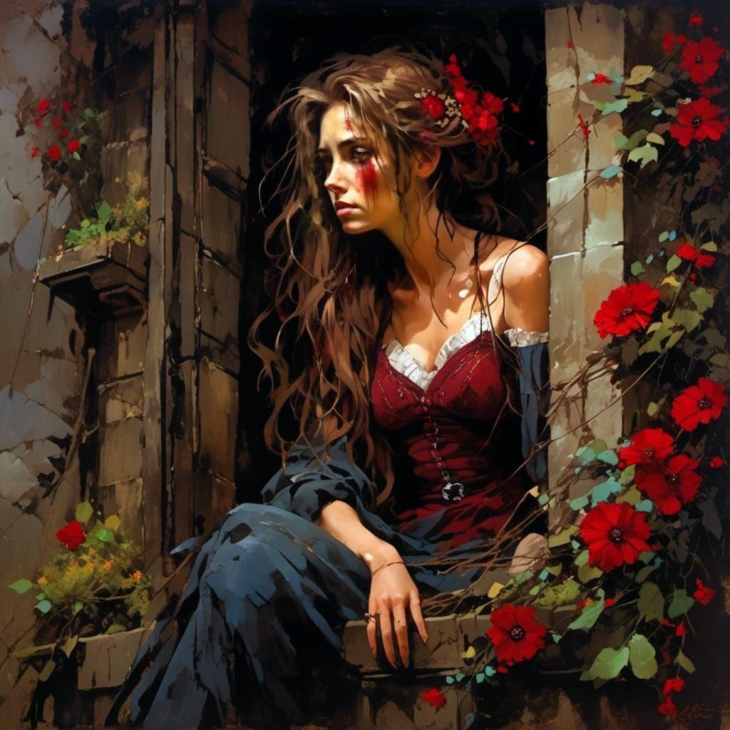 Moody Woman at Tower Window: Vintage Oil Painting