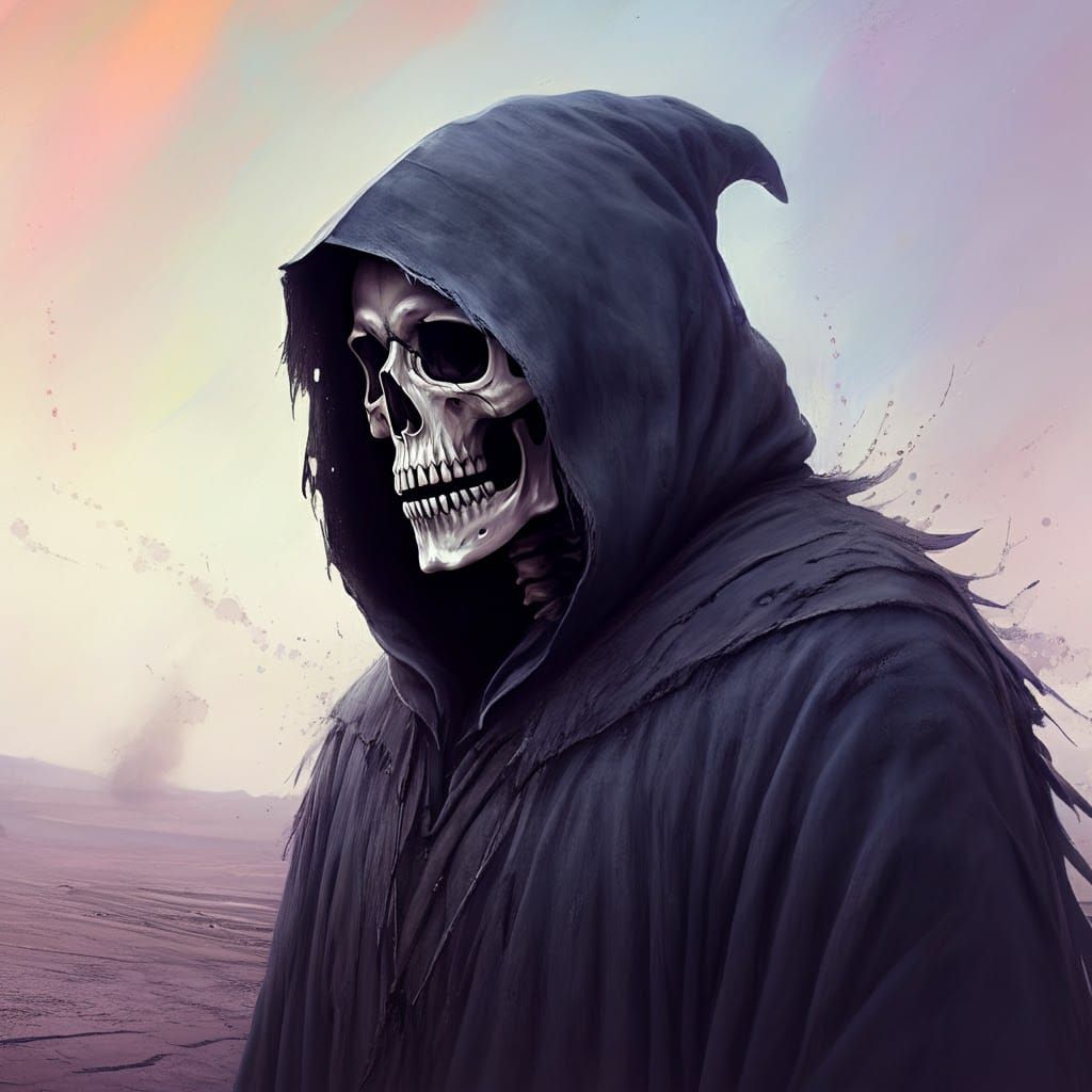 Grim Reaper in Desolate Pastel Landscape